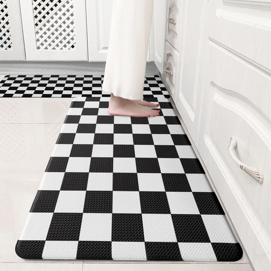 VivaNest Black Checkered Grid Checkerboard Kitchen Rug Sets [2 PCs], Anti-Fatigue, Waterproof Non-Slip Kitchen Mats Heavy Duty Ergonomic Comfort Foam Rug for Floor, Home, Laundry,17"x29"+17"x47"
