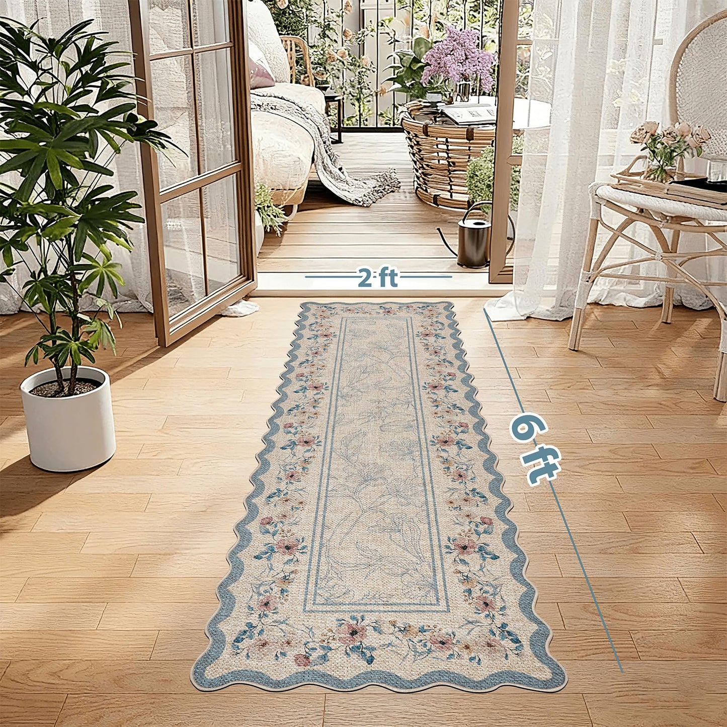 ORTIGIA Scalloped Easy Jute Runner Rug 2x6 ft Farmhouse Blue Floral Washable Kitchen Rug Non-Slip Low-Pile Indoor Outdoor Carpet for Bedroom Dining Entryway Hallway Patio Laundry Room