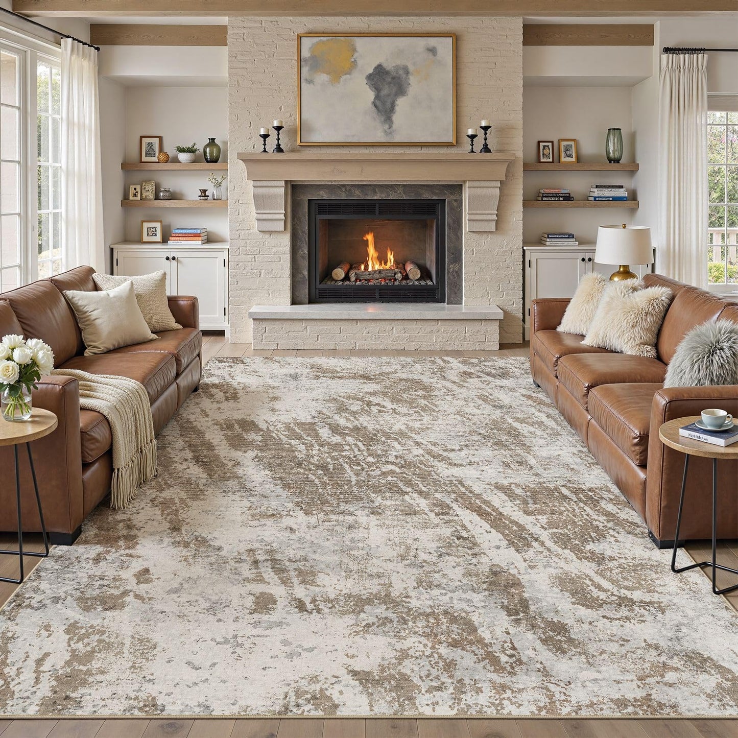 DMOYEST 10x14 Washable Area Rug: Abstract Modern Non-Slip Carpet, Soft Low Pile Indoor Neutral Easy Clean Floor Rugs for Living Room Bedroom Dining Room Kids & Pets - Brown