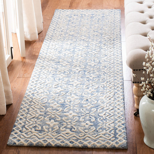 SAFAVIEH Blossom Collection Runner Rug - 2'3" x 12', Blue & Ivory, Handmade Wool, Ideal for High Traffic Areas in Living Room, Bedroom (BLM114M)