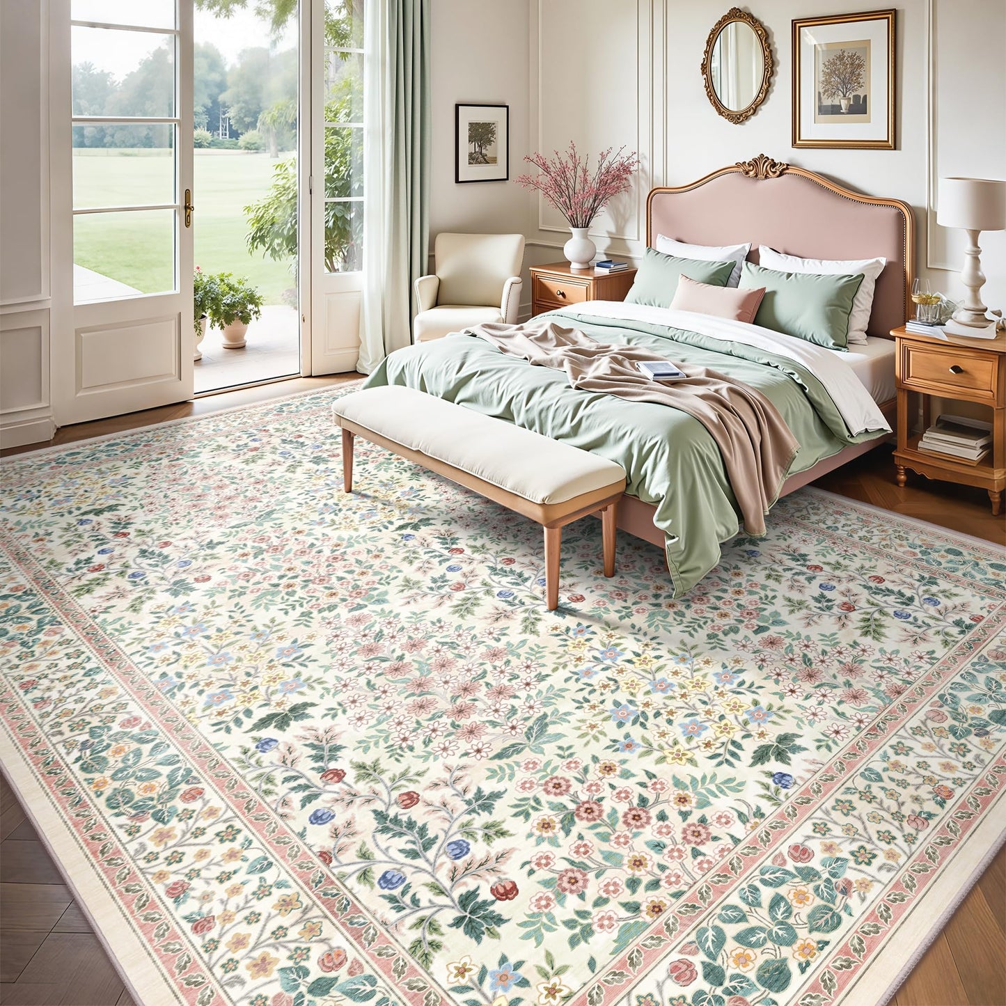 Yarooge 8x10 Area Rugs, Machine Washable Low Pile Floral Rugs for Living Room, Bedroom, Large Boho Area Rug with Non-Slip Backing for Dining Room(Pink Floral)