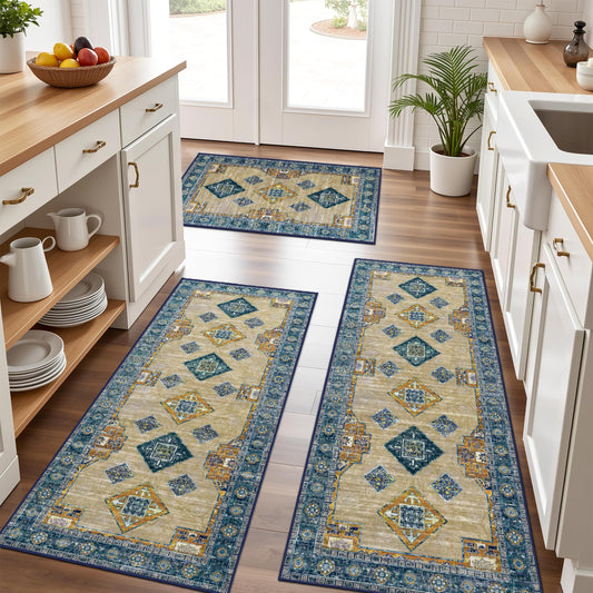 Tritard 100% Non Slip Kitchen Rugs Sets of 3 Washable Boho Kitchen Mats for Floor Vintage Farmhouse Kitchen Rug Soft Runner Rug for Hallway, Laundry Room, Indoor Entryway, Tan Blue