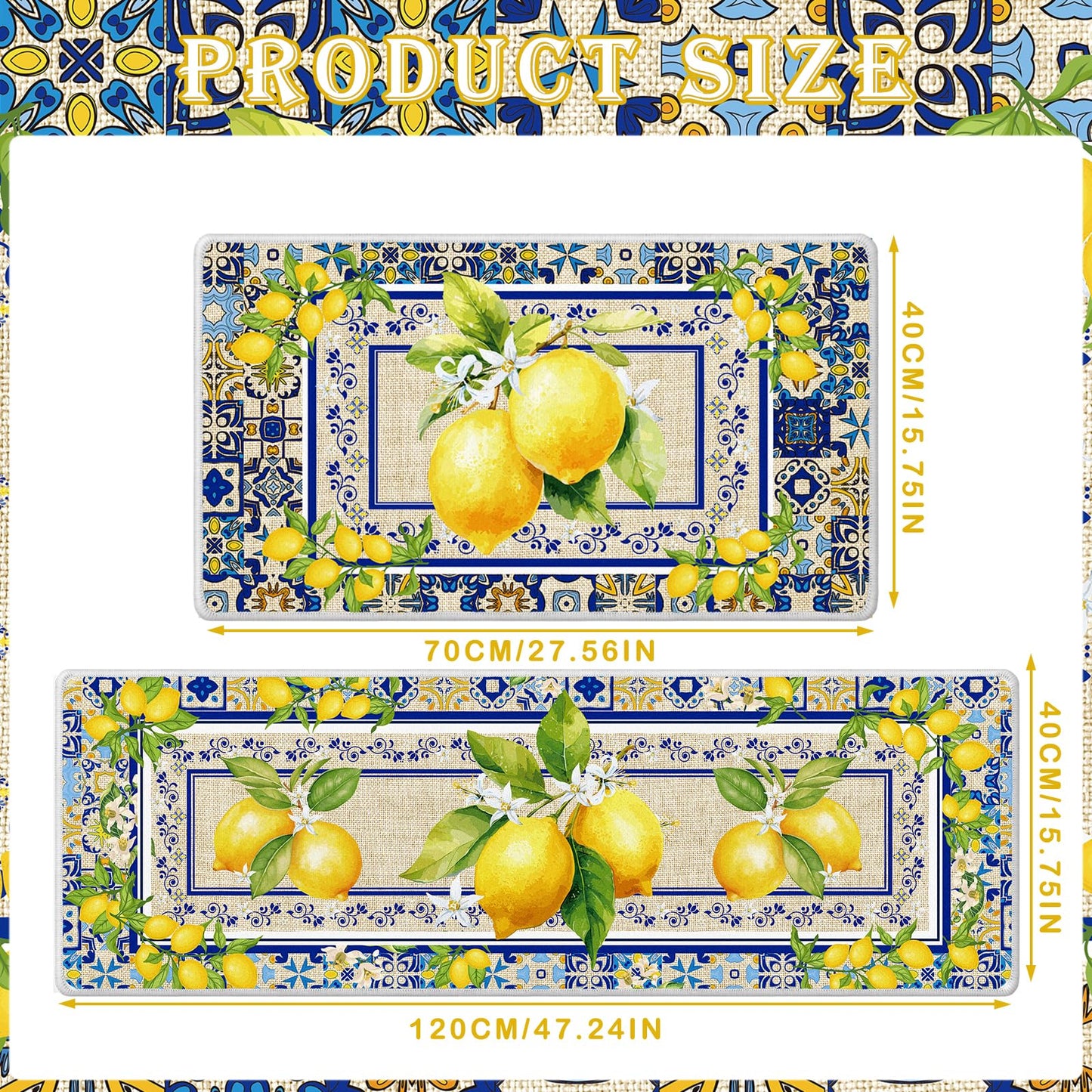 InIsaJace Lemon Kitchen Mats Set of 2, Mediterranean Kitchen Rugs Non Slip for Floor, Amalfi Coast Decor Yellow and Blue Decorative Rug for Home (16x28 +16x47 Inches)