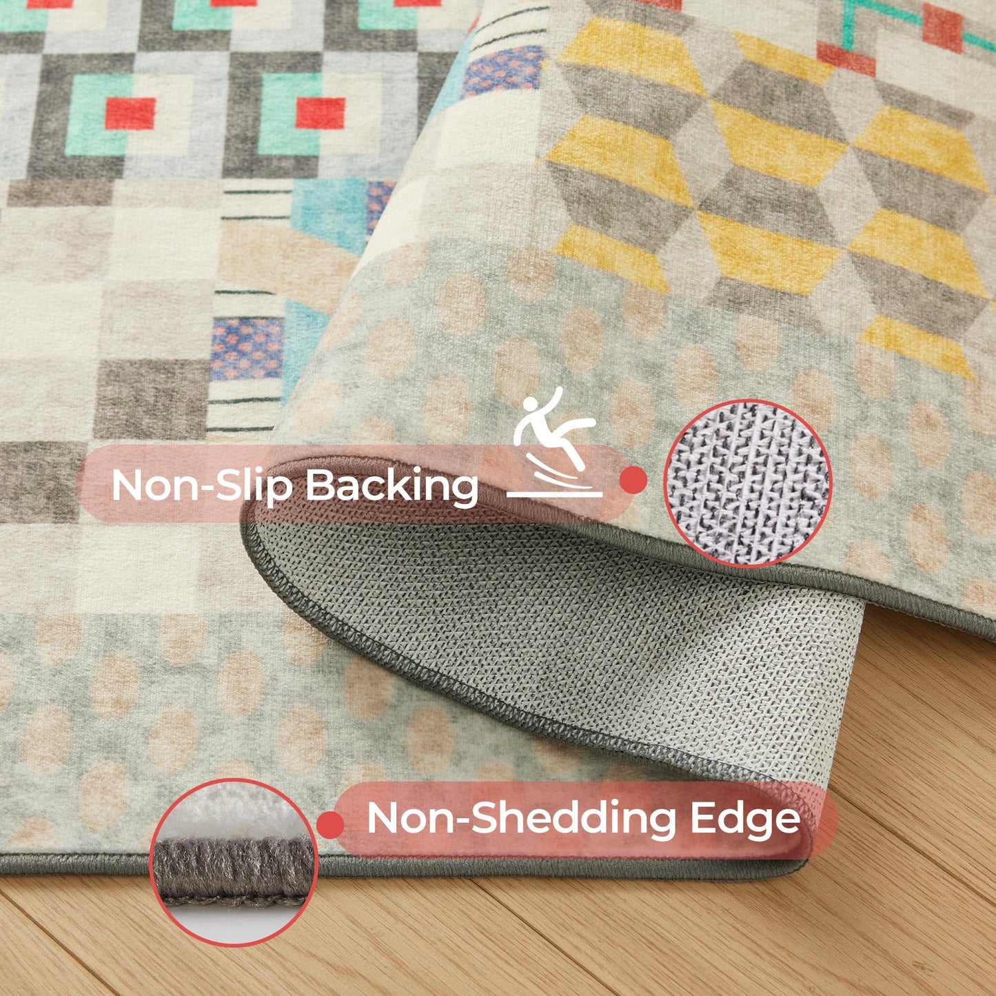 Kokia 8x10 Modern Geometric Washable Area Rug, Non-Slip Stain-Resistant Low Pile Rug for Living Room, Bedroom, Dining Room, Multicolor Bauhaus Grey