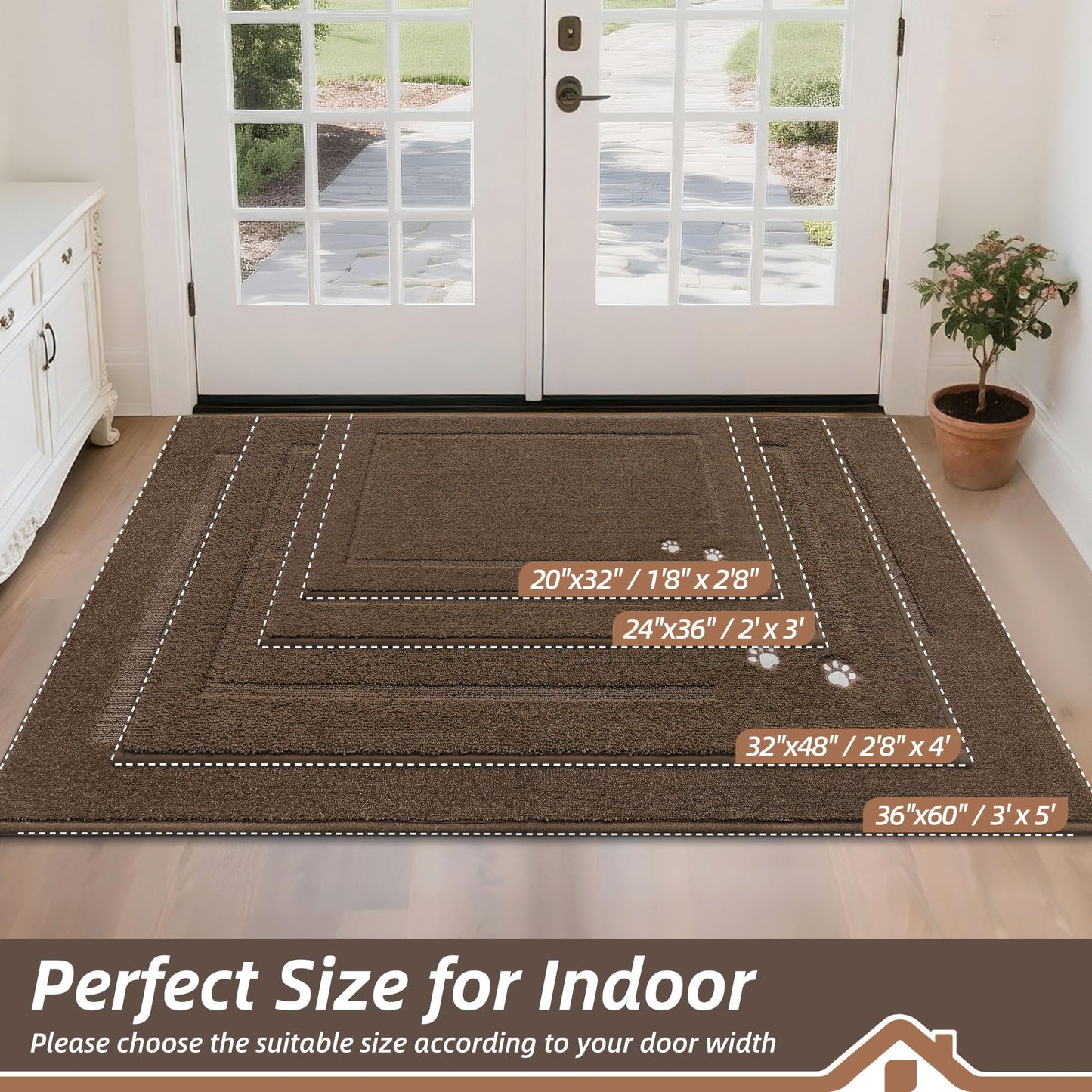 BEQHAUSE Dog Door Mat for Mud Paws Dirt Trapper Doormat Non-Slip Entryway Rugs Absorbent Welcome Mat Washable Indoor Floor Mat Low-Profile for Front Door, 36" x 60", Brown