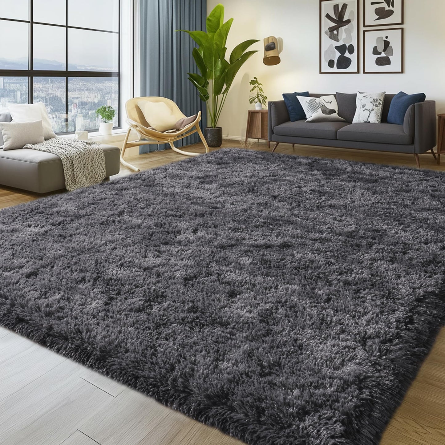 KOGSA 9x12 Large Area Rugs for Living Room, Charcoal Gray Ultra Fluffy Plush Rug for Living Room Bedroom, Thick Fluffy Carpet for Girls Boys Kids Room, Non Slip Dorm Rug for Home Decor Aesthetic