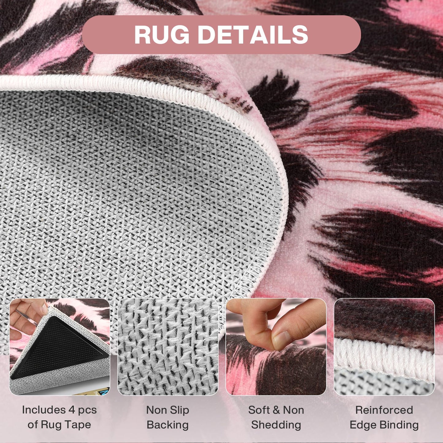 5x7 Leopard Area Rugs for Living Room, Machine Washable Cheetah Rug for Bedroom, Animal Rug Foldable Ultra-Thin Indoor Non-Slip Carpet for Dining Room Foyer Apartment Den, Pink, Oeko-TEX Certified