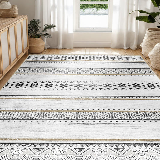 BESTSWEETIE 5x7 Area Rugs for Living Room Washable Moroccan Farmhouse Neutral Geometric Low Pile Non-Slip Soft Print Pattern Rug for Bedroom Kitchen Dining Room Entryway Black/Brown