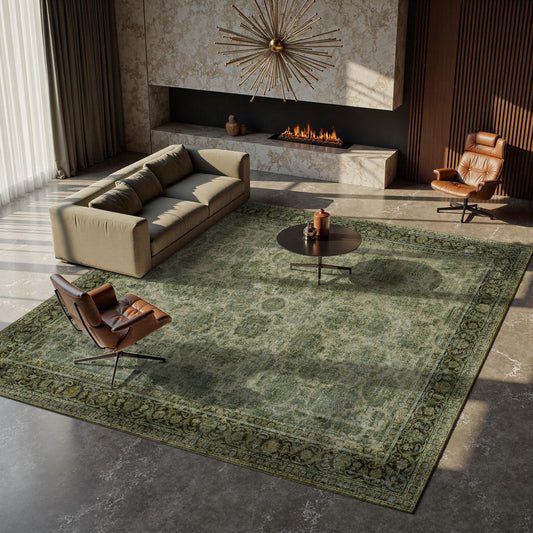 Nayoroom 8x10 Machine Washable Rugs, Large Vintage Green Area Rug Indoor Accent Rug Floral Low Pile Carpet Soft Throw Aesthetic Rug Bedroom Living Room Office Dining Room Kitchen Laundry Room