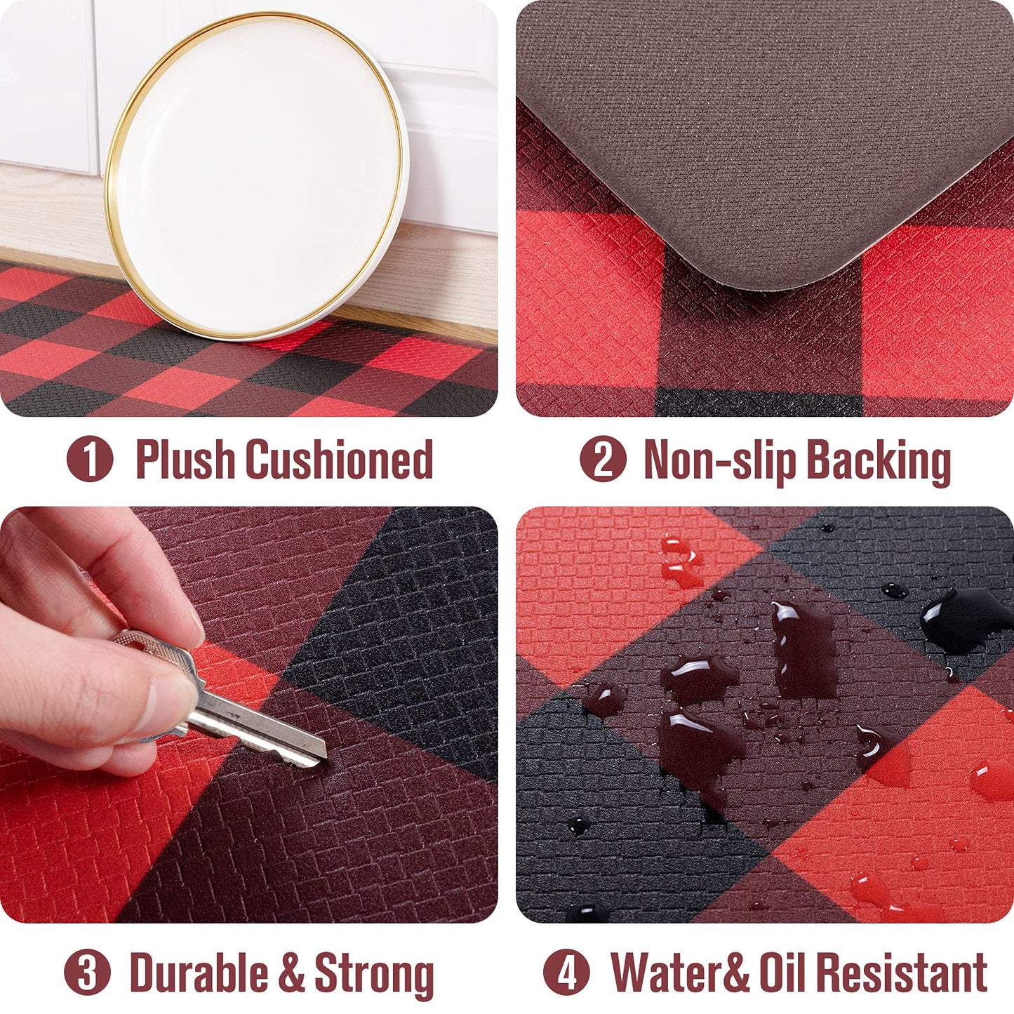 Carvapet 17.3"x28" Kitchen Mat - Red Black Buffalo Plaid Anti Fatigue Cushioned Foam Rug, Waterproof Non Slip Comfort Standing Floor Mat for Laundry