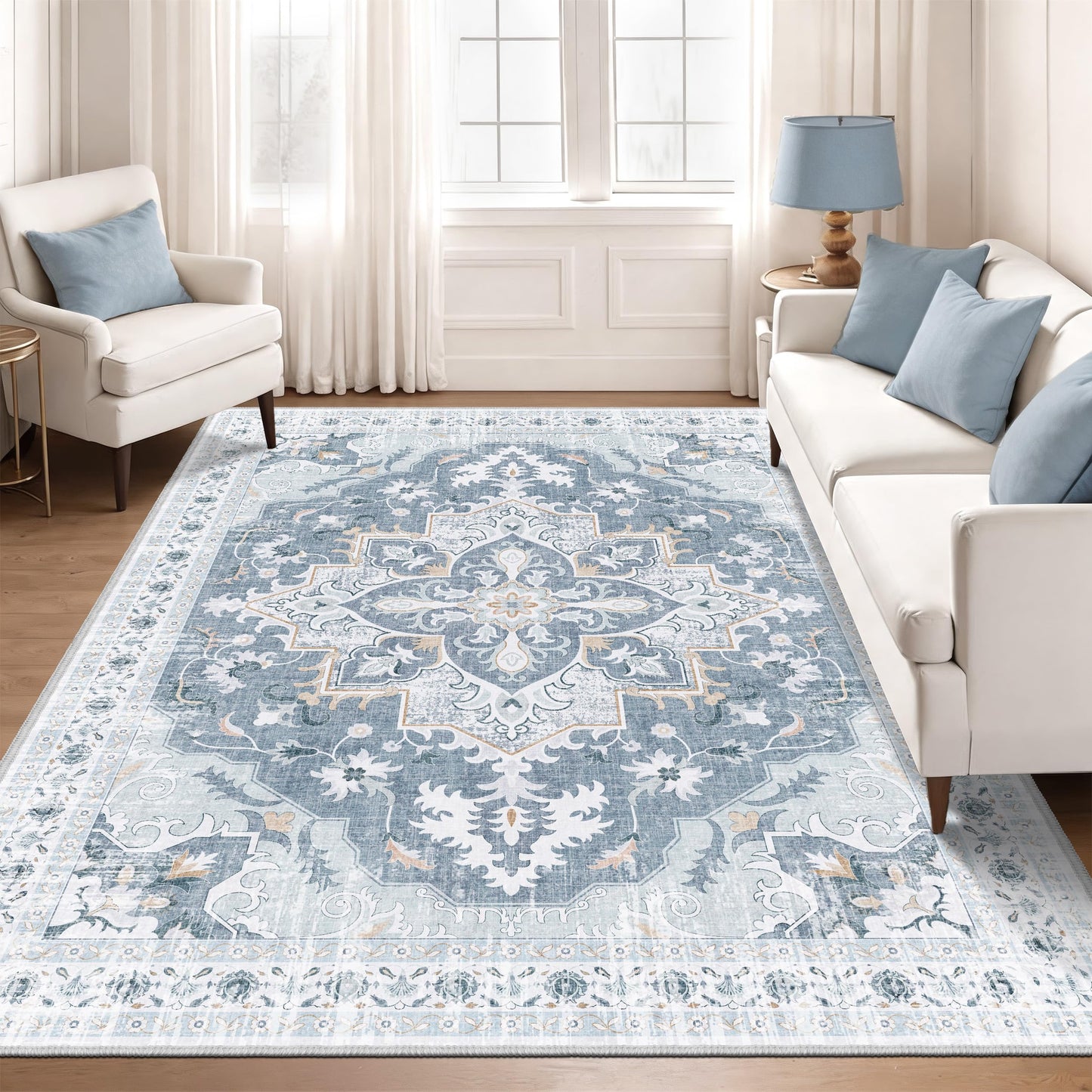 TTelephant 6x9 Area Rugs for Living Room, Soft Non-Slip Vintage Medallion Rug, Low-Pile Printed Washable Blue Gray Rug for Living Room, Bedroom, Dining Room, Nursery -Blue/Gray