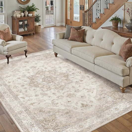 PureCozy Beige Area Rug 5x7 Washable Vintage Carpet for Living Room Office Soft Retro Low Pile Thin Indoor Rug Non Slip Oriental Medallion Floor Cover for Bedroom Dining Room