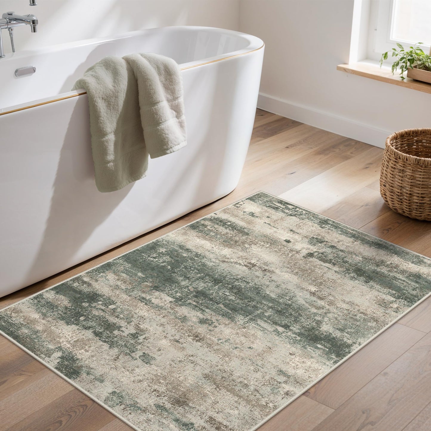 GENIMO 2x3 Rugs for Entryway, Washable Bathroom Kitchen Rugs Non Slip, Modern Abstract Soft Small Area Rug Indoor, Low Pile Throw Carpet, Sage Sand