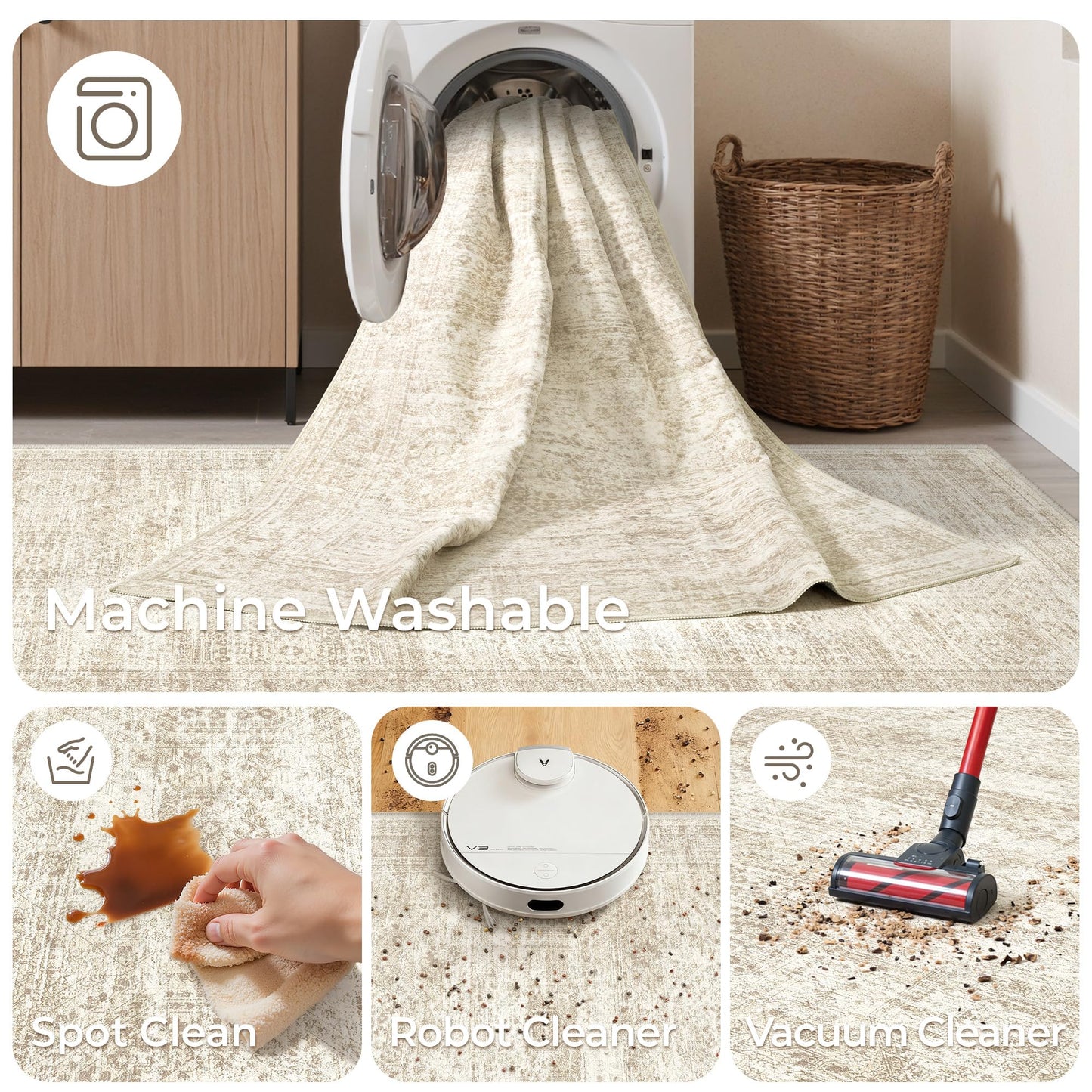 Restydon 4x12 Runner Rug for Hallway, Low-Pile Wide Runner for Entryway, Long Washable Non-Slip Kitchen Rug, Soft Modern Home Decor Mat for Living, Laundry Room(4'x12', Beige/Ivory)
