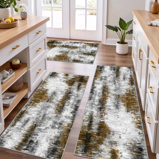 Tritard Upgrade Non Slip Kitchen Rugs Sets of 3 Washable Kitchen Mats for Floor Abstract Kitchen Runner Rug Soft Floor Mat Set Kitchen Carpet Rugs for Hallway, Laundry, Entryway, Office, Grey Brown