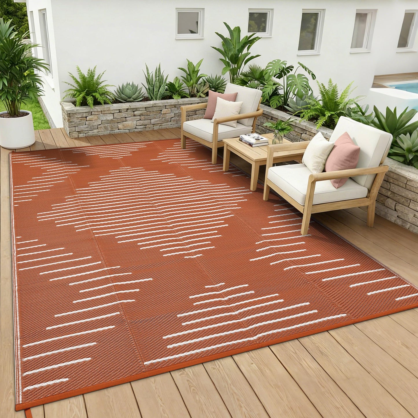 Garvee Waterproof Outdoor Rug 5x8 Rug Plastic Reversible Area Rugs Indoor Outdoor Carpet for Patio RV Porch Balcony Backyard Picnic Terracotta White