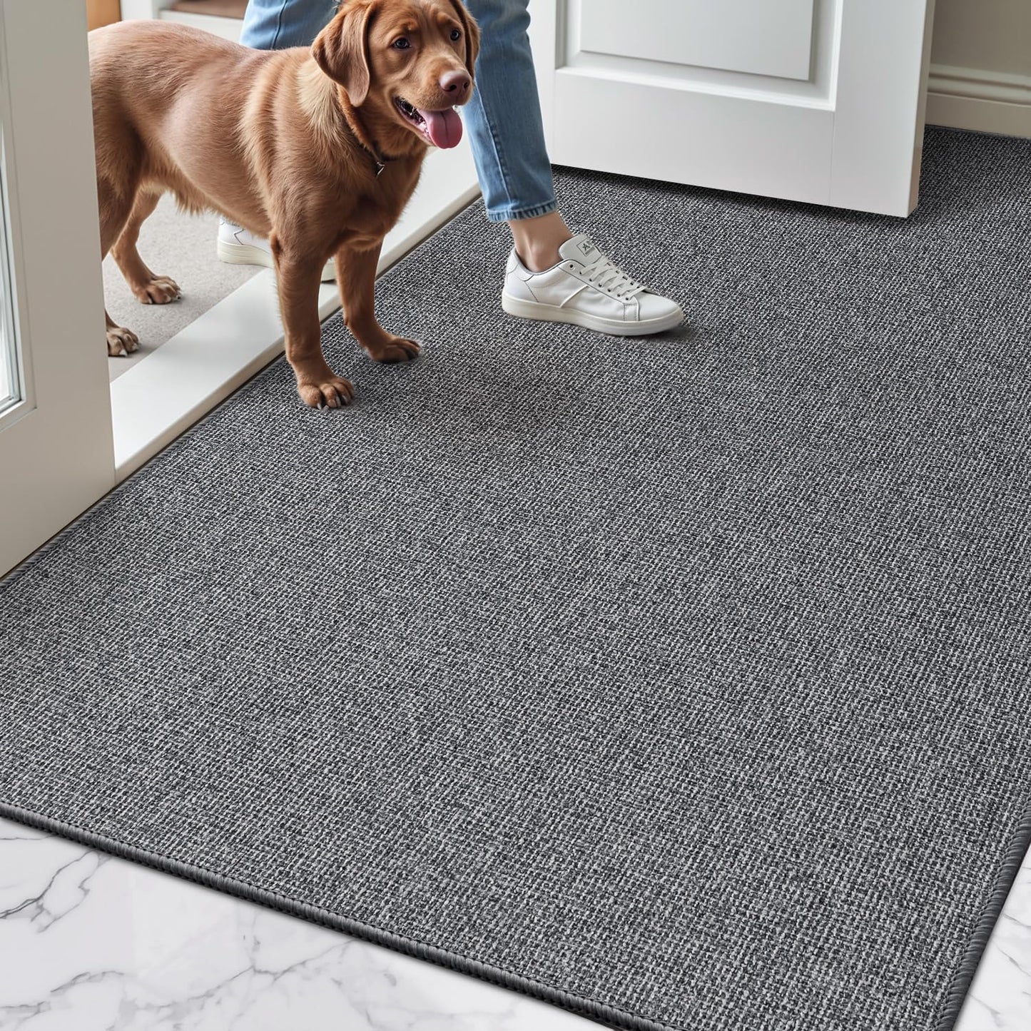 LUMI Ultra Thin Door Mat for Entryway, 17"x30" Low Profile Non Slip Rubber Backing Indoor Doormat, Easy Clean Welcome Entrance Mat for Inside House, Patio, Grey