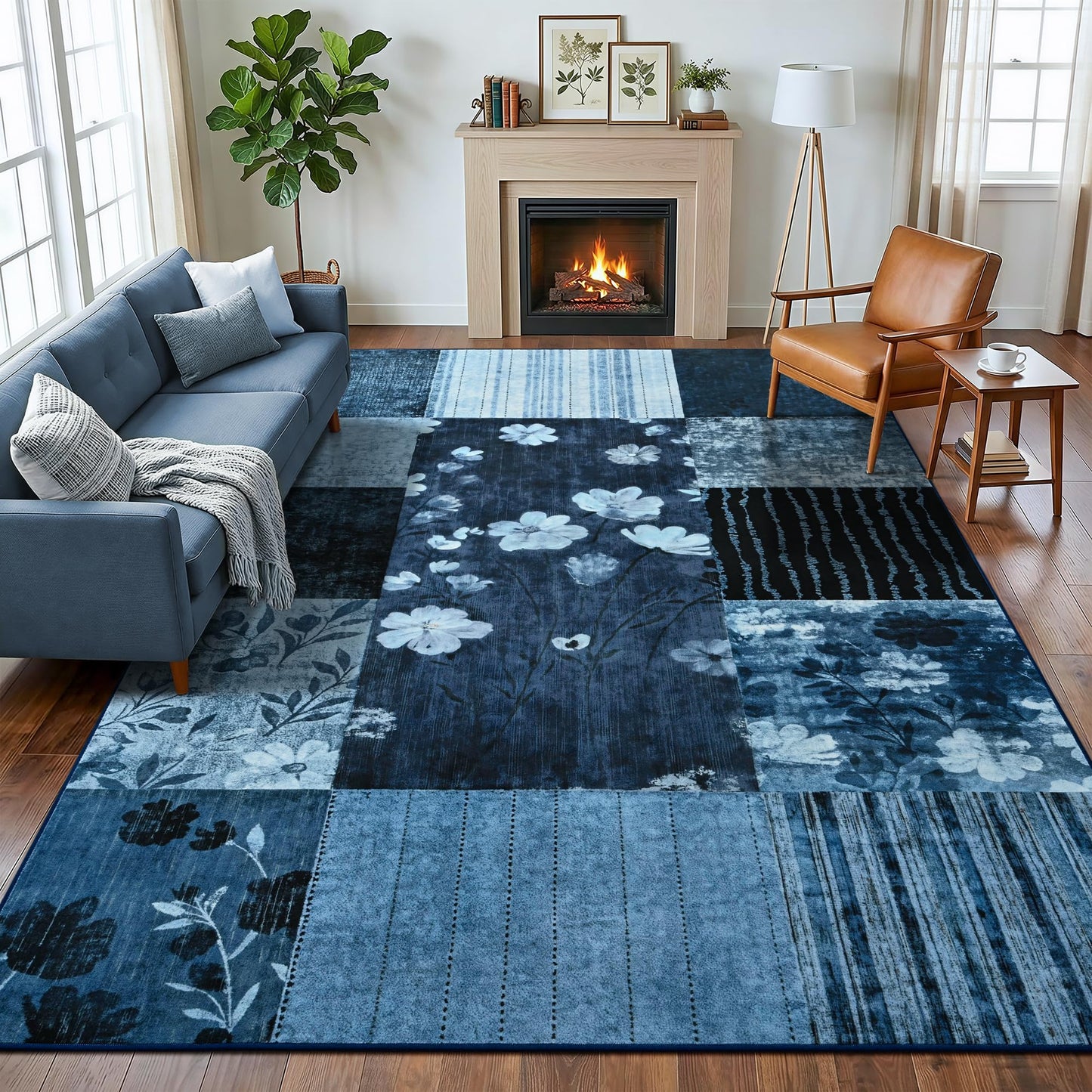 FALARK 6x9 Area Rug for Living Room, Modern Geometric Patchwork Large Rug, Washable Non-Slip Indoor Low Pile Carpet for Bedroom Dining Room Office Playroom Home Dorm Decor, Blue