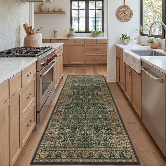 Bavni 2'6''x6 Rug Runners for Hallways, Washable Runner Rug Non Slip, Vintage Floral Print Style Rugs for Bedroom-Lightweight Low Pile Carpet for Hallways Bathroom, Dark Green/Multi
