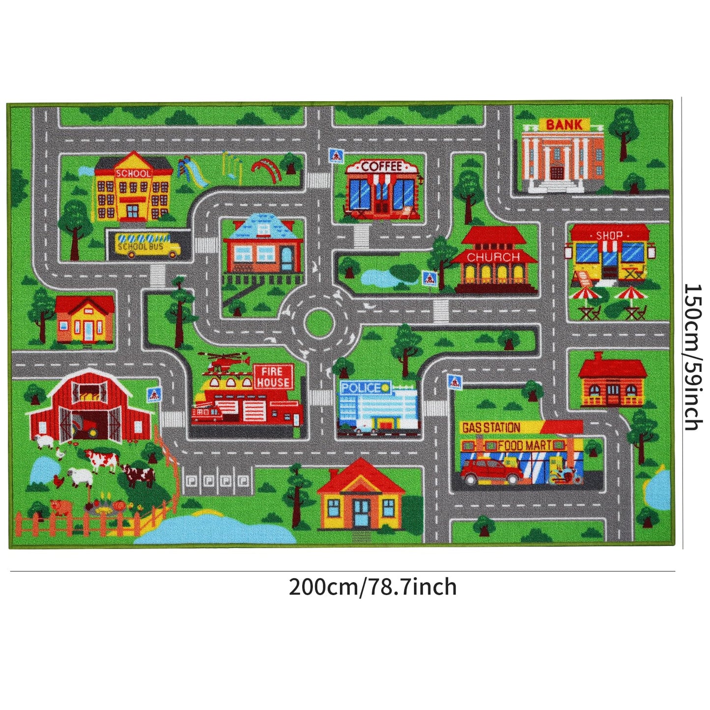 Kids Rug Car Carpet 78.7"x59", Car Rug for Kids Room Playroom Bedroom, Non-Slip Town City Road Map Rugs, Track Car Mat for Kids Boys Girls (78.7X59Inch,Green)