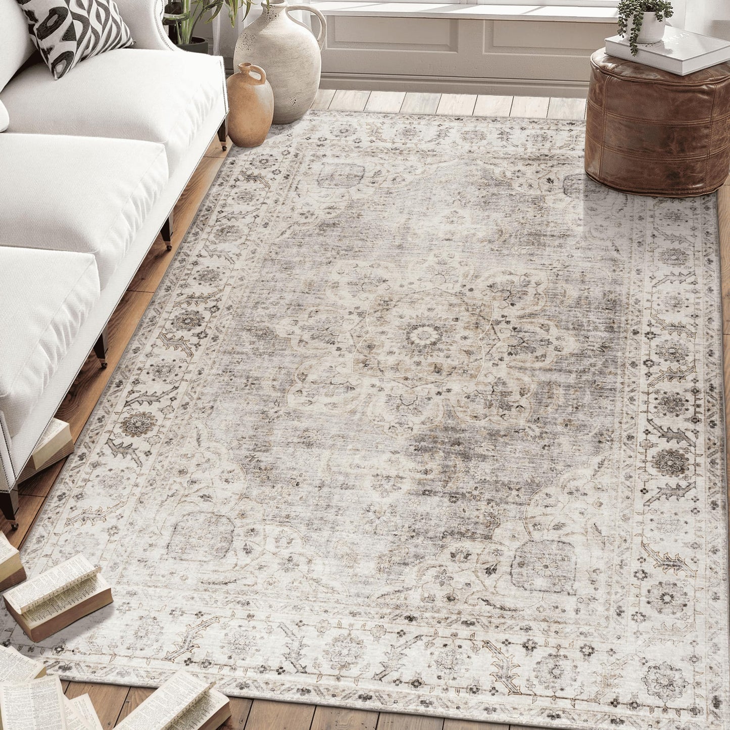 ReaLife Rugs Machine Washable Area Rug - Living Room Bedroom Bathroom Kitchen Entryway Office - Padded Low Pile Stain Resistant Premium - Boho Farmhouse Vintage - Joy - Beige Ivory 5' x 7'
