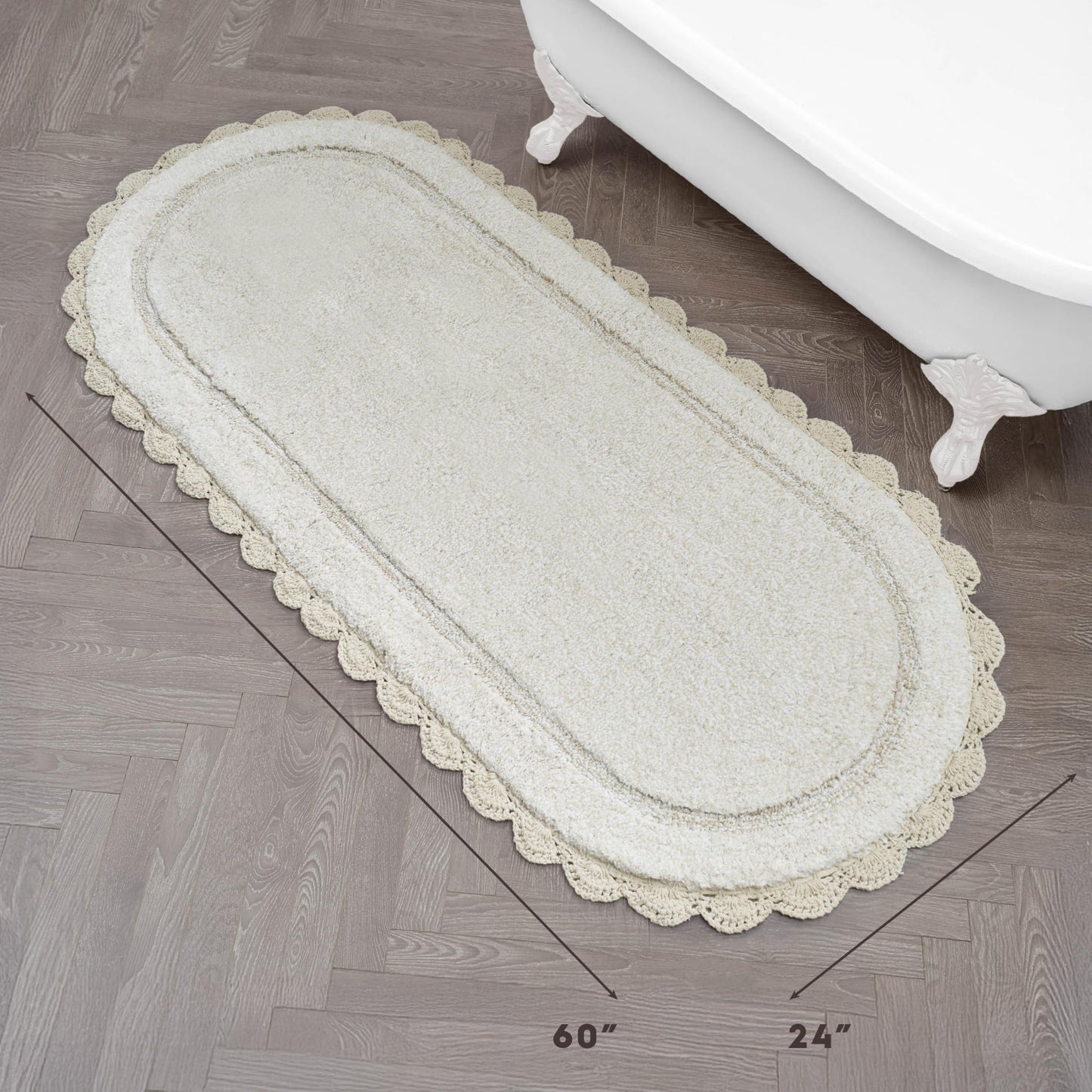 Laura Ashley Eloise 100% Cotton Oval Bath Mat with Crochet Border, Soft & Absorbent, Sandshell Beige 24" x 60" Bathroom Rug