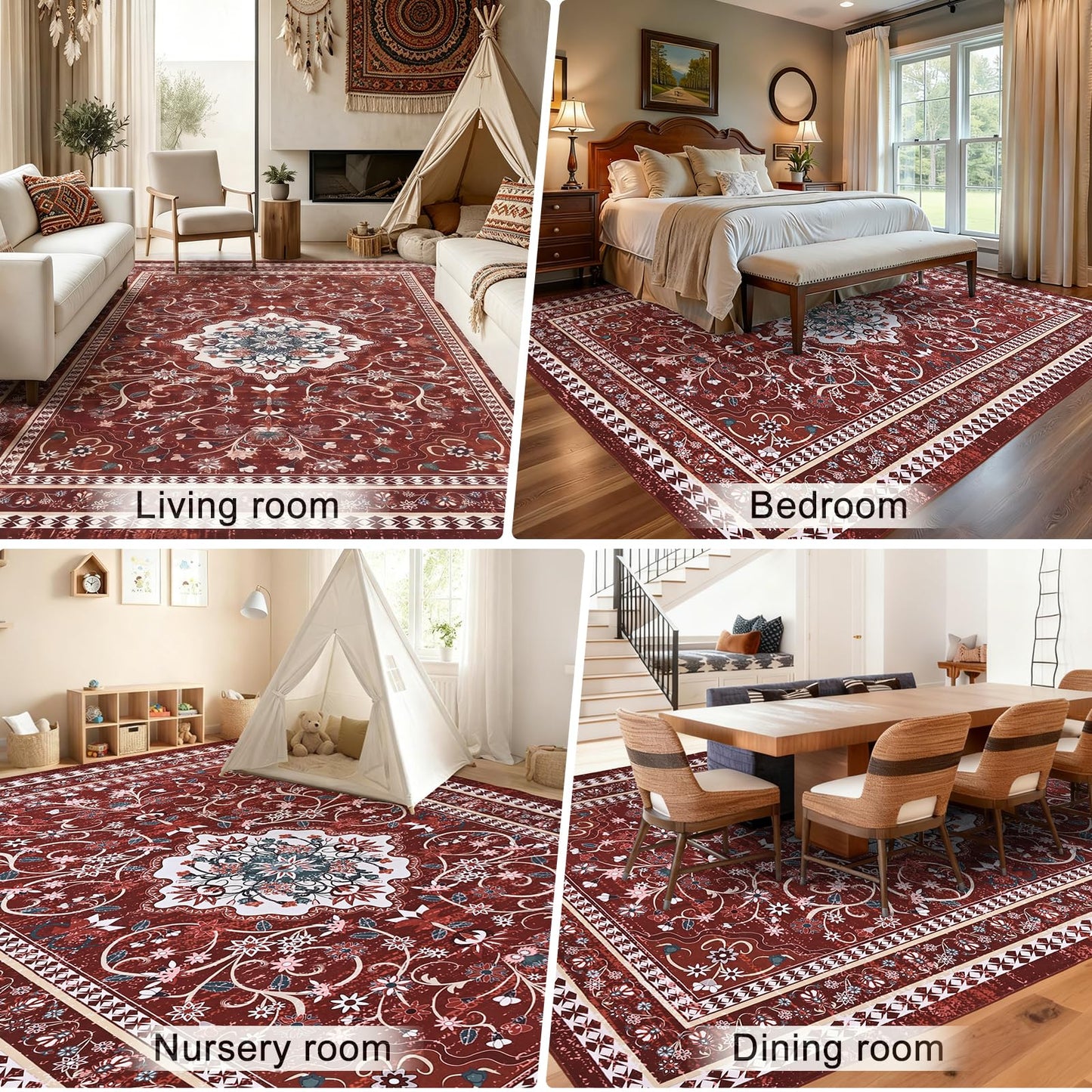 BLEUM CADE 5' x 7' Red Boho Rugs for Living Room, Washable Low Pile Non-Slip Area Rugs for Bedroom Dining Room Kitchen Classroom Office Nursery Playroom