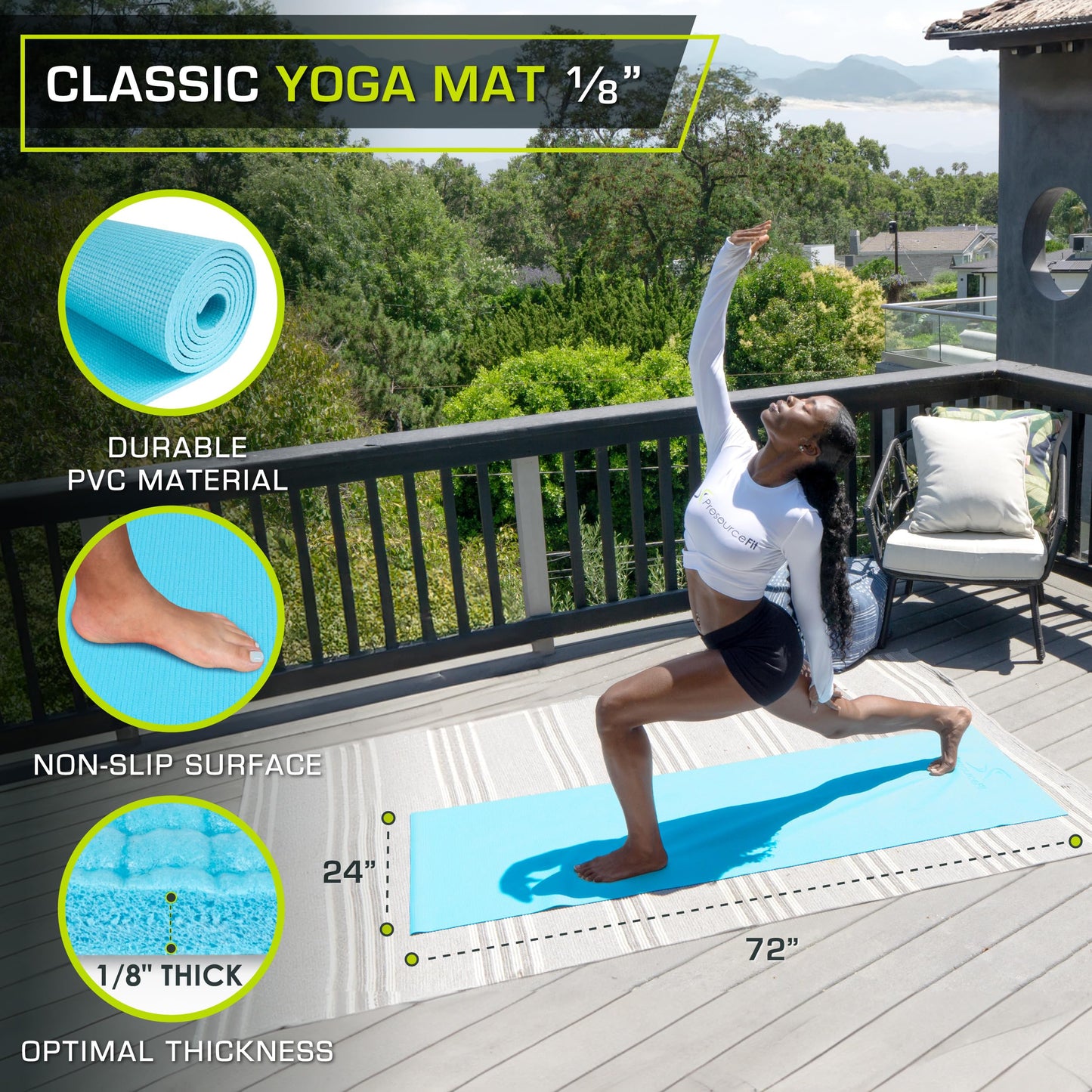 ProsourceFit Classic Yoga Mat Thick 1/8-inch (3mm) Thick, Extra Long 72-inch Lightweight Non-Slip Surface for Fitness, Pilates, or Yoga Exercise, Aqua