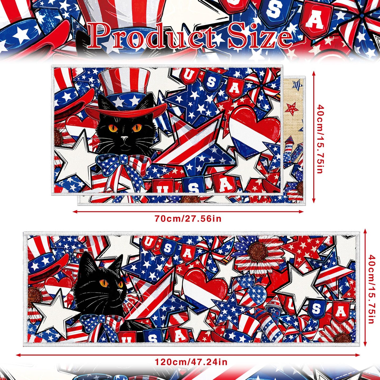 Yoyuspy Kitchen Mats for Floor Decor, 4th of July Black Cat Kitchen Rug Non Slip Washable Sets of 3, Patriotic Floor Mat for Home Sink and Laundry 16x28+16x47 Inch