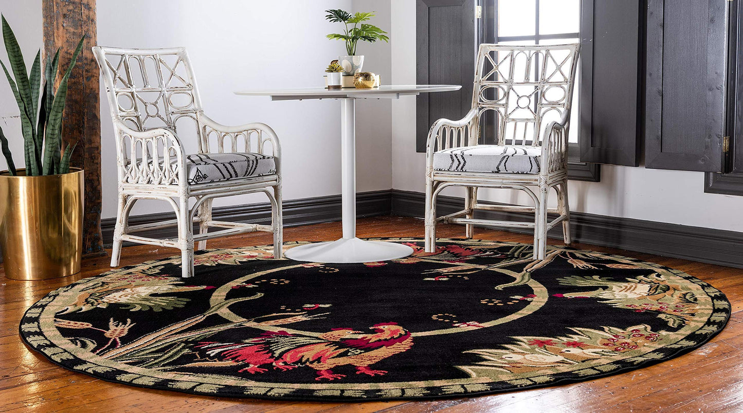 Unique Loom Barnyard Collection Area Rug - Farm (4' 1" Round, Black/ Cream)