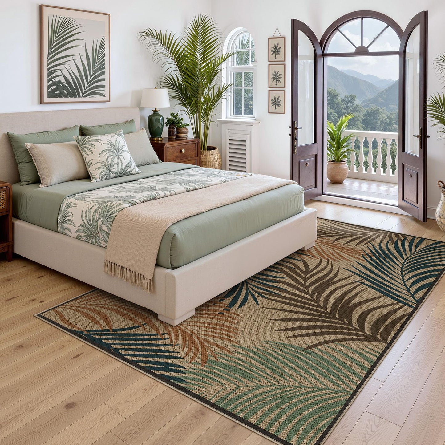 Tribesigns Easy Jute 5x7 Washable Indoor Outdoor Rugs, Coastal Blue/Tan/Green Patio Rug, Boho Leaf Beach Non Slip Living Room Area Rugs for Bedroom, Farmhouse Dining Room Carpet for Backyard Office