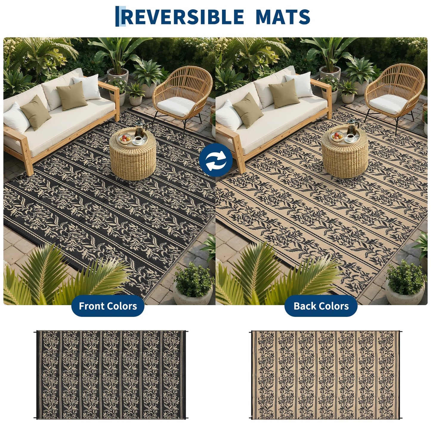 Garvee Outdoor Rugs 5x8 Waterproof Reversible Mat Boho Leaf Patio Rug with 4 Stakes and Starage Bag, Large Outdoor RV Mat Rugs for Camping, Picnic, Balcony, Deck, Backyard, Black & Brown