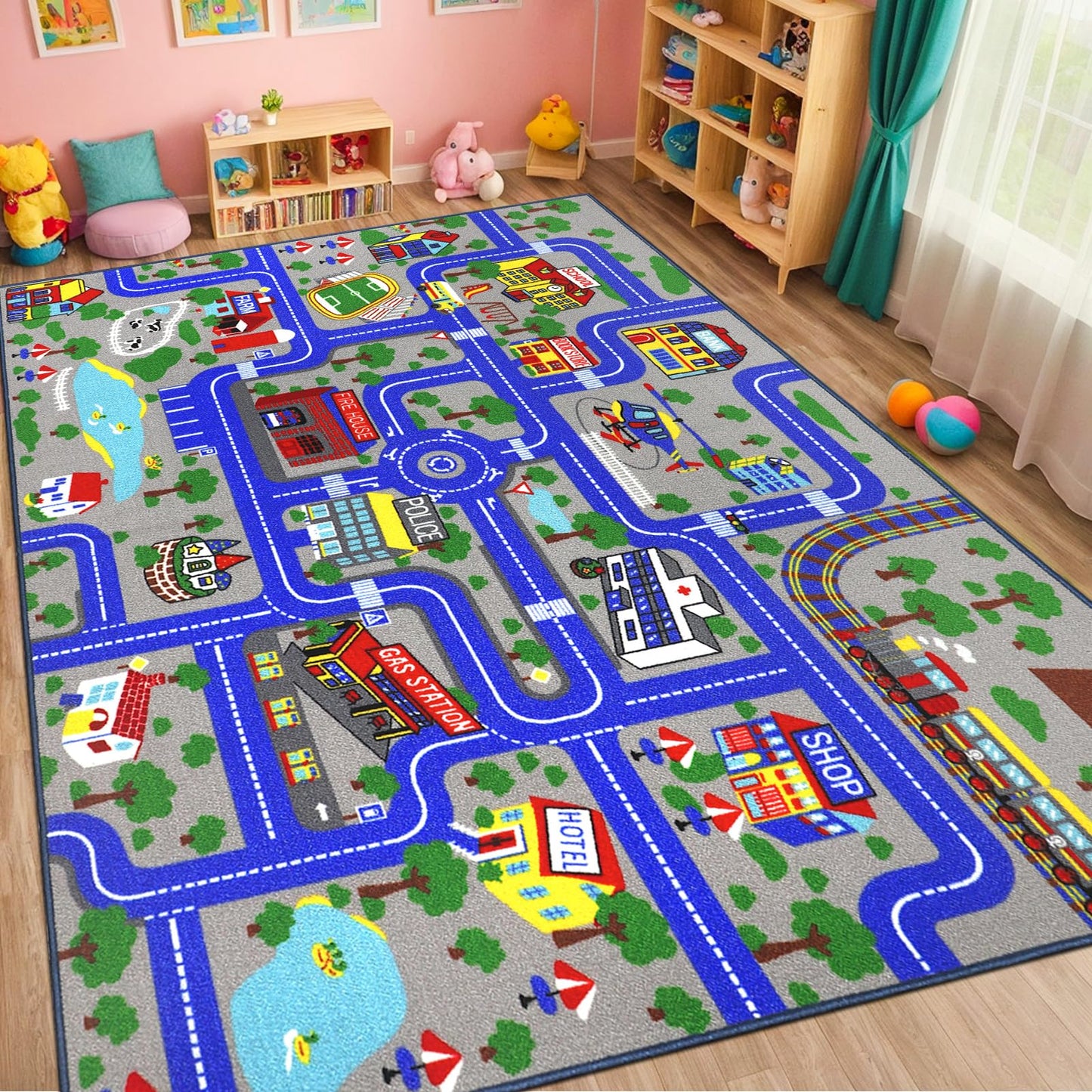 Ythropon Kids Rug Car Play Mat 6.6'x5.0',Blue Kids Rug for Toy Cars,Non-Slip Town City Map Carpet Play Mat,Traffic Road Kid Educational Learning Car Rugs for Children Room Playroom Nursery