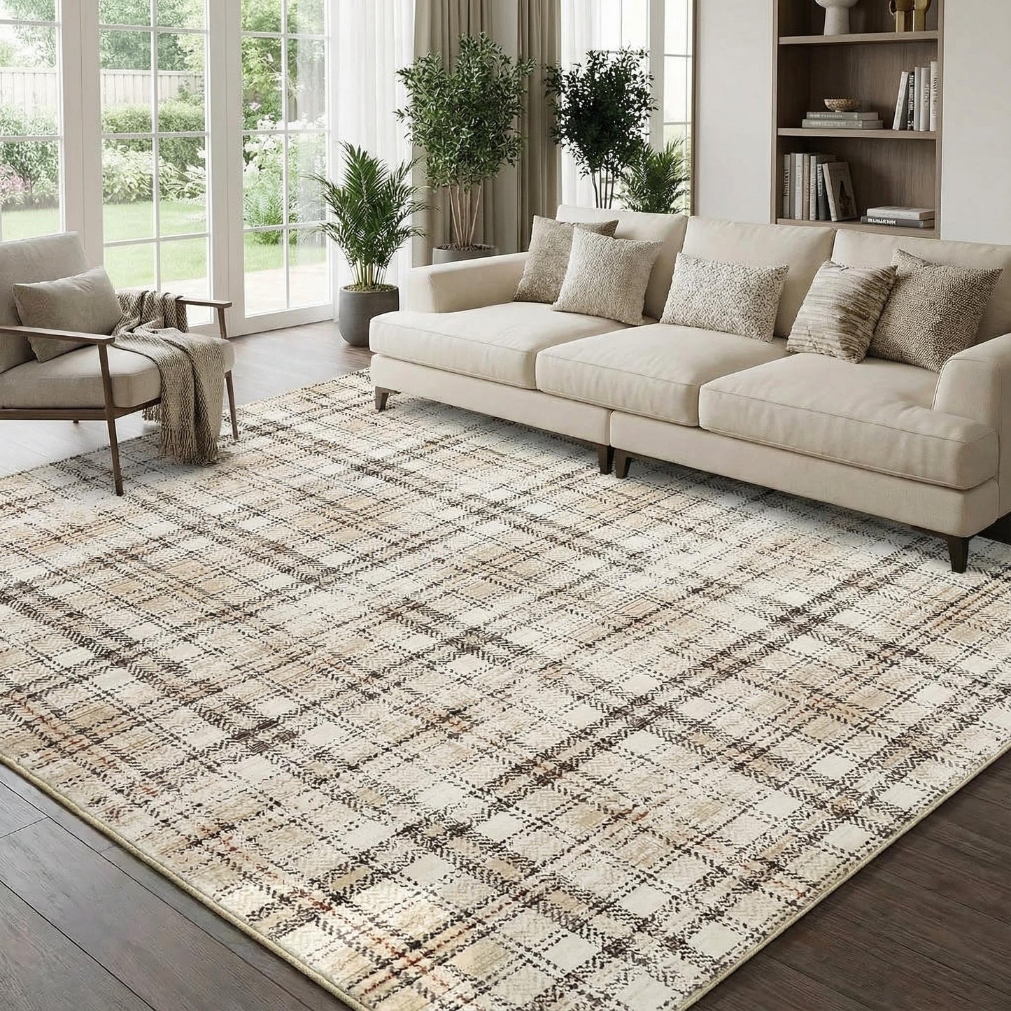 Garvee Washable 8x10 Area Rug for Living Room Non Slip Soft Bedroom Rugs Tartan Plaid Area Rug Non Shedding Low Pile Stain Resistant Carpet for Nursery Dining Room Playroom Office, Beige