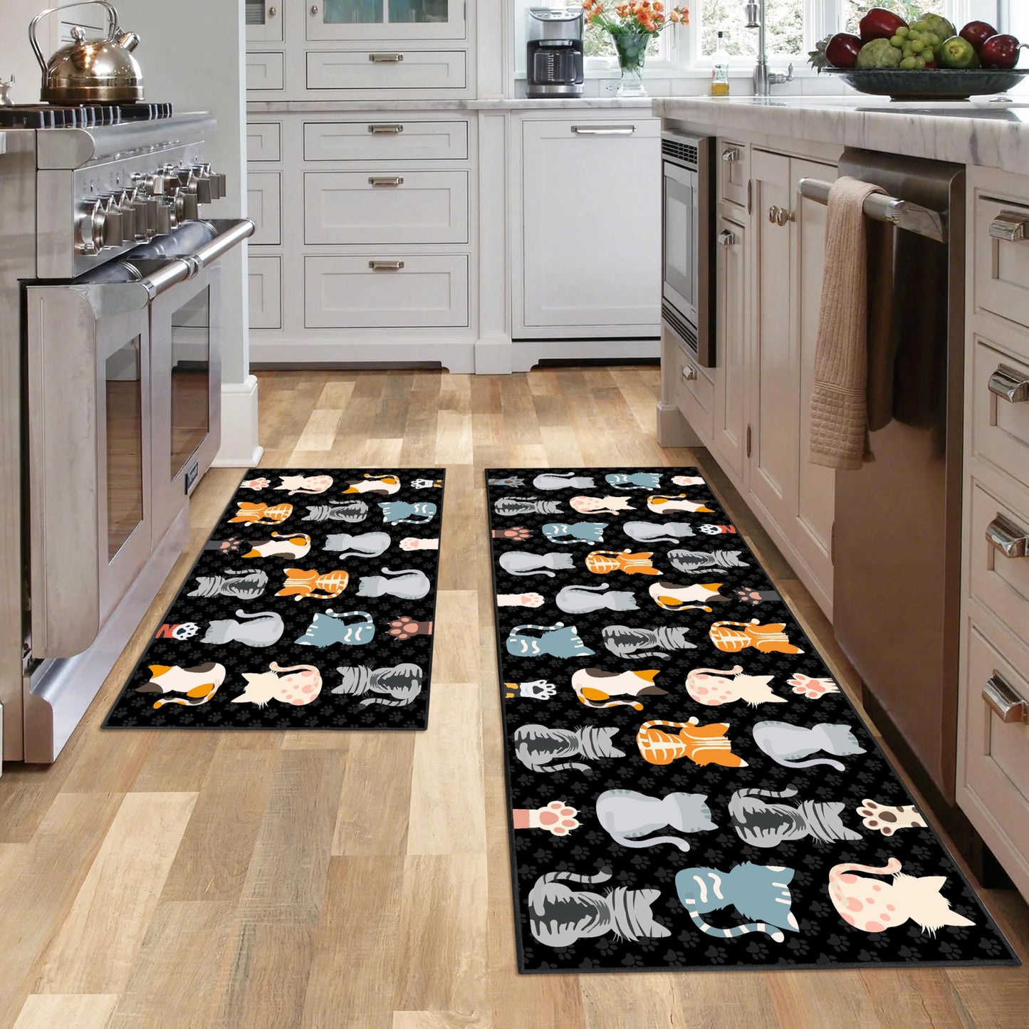 JWXCBIM Cat Kitchen Rug 2 Piece Set, Country Farmhouse Style Decor Kitchen Floor Mat, Non-Slip Absorbent and Washable Runner Rug, Funny Cat Black Kitchen Decorations 17x30+17x47 Inches