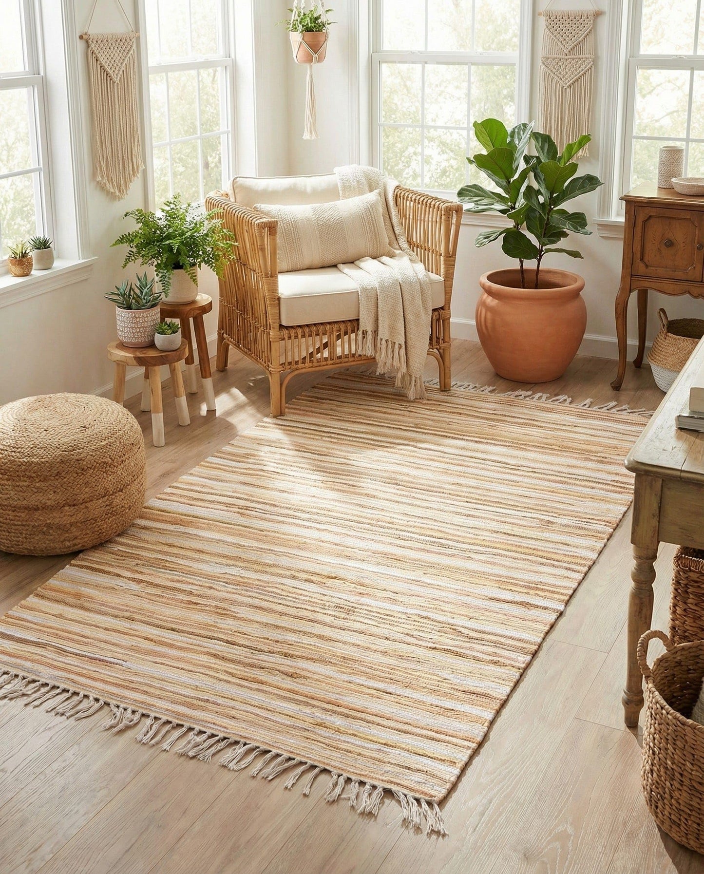 Rugs.com Chindi Cotton Collection Rug – 4' x 6' Beige Flatweave Rug Perfect for Living Rooms, Large Dining Rooms, Open Floorplans