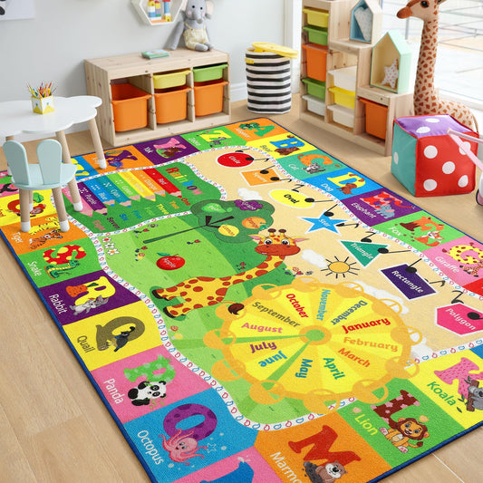 Chicrug Educational Kid Area Rug for Playroom, 5x7 Feet TPR Non Slip Kids Classroom Carpet Rug for Learning ABC Animal, Shape Color Fruit, Washable Play Mat Rug for Children Nursery Toddler Room Decor