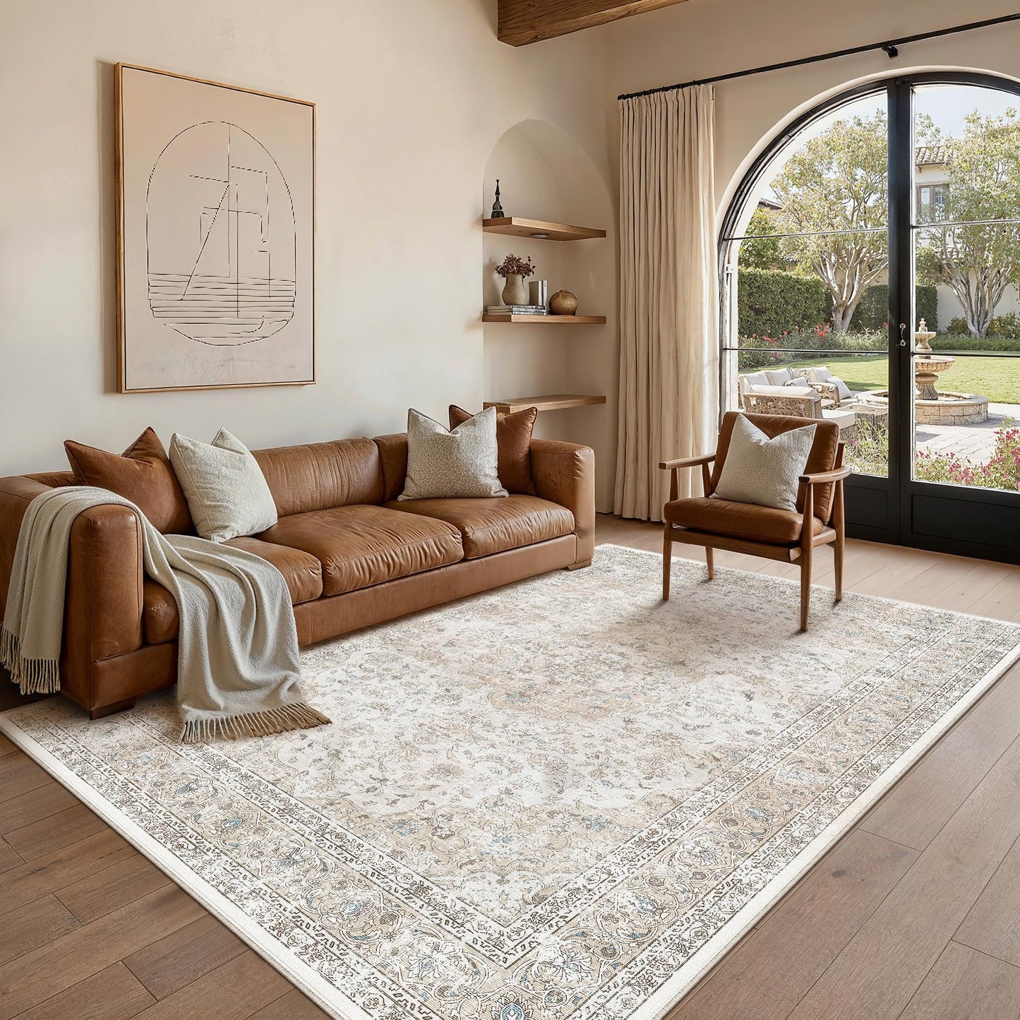 WondRg 8x10 Washable Vintage Area Rug for Living Room Bedroom Beige Grey Soft Tranditional Non Slip Large Throw Rug Lightweight Floral Low Pile Distressed Carpet Office Playroom Dining Room
