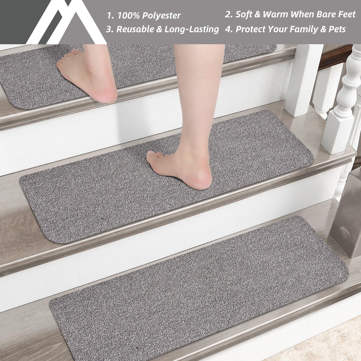 COSY HOMEER Stair Treads Non-Slip Carpet Mat 28inX9in Indoor Stair Runners for Wooden Steps, Stair Rugs for Kids and Dogs, 100% Polyester TPE Backing 10pcs,Grey,Protect Floor