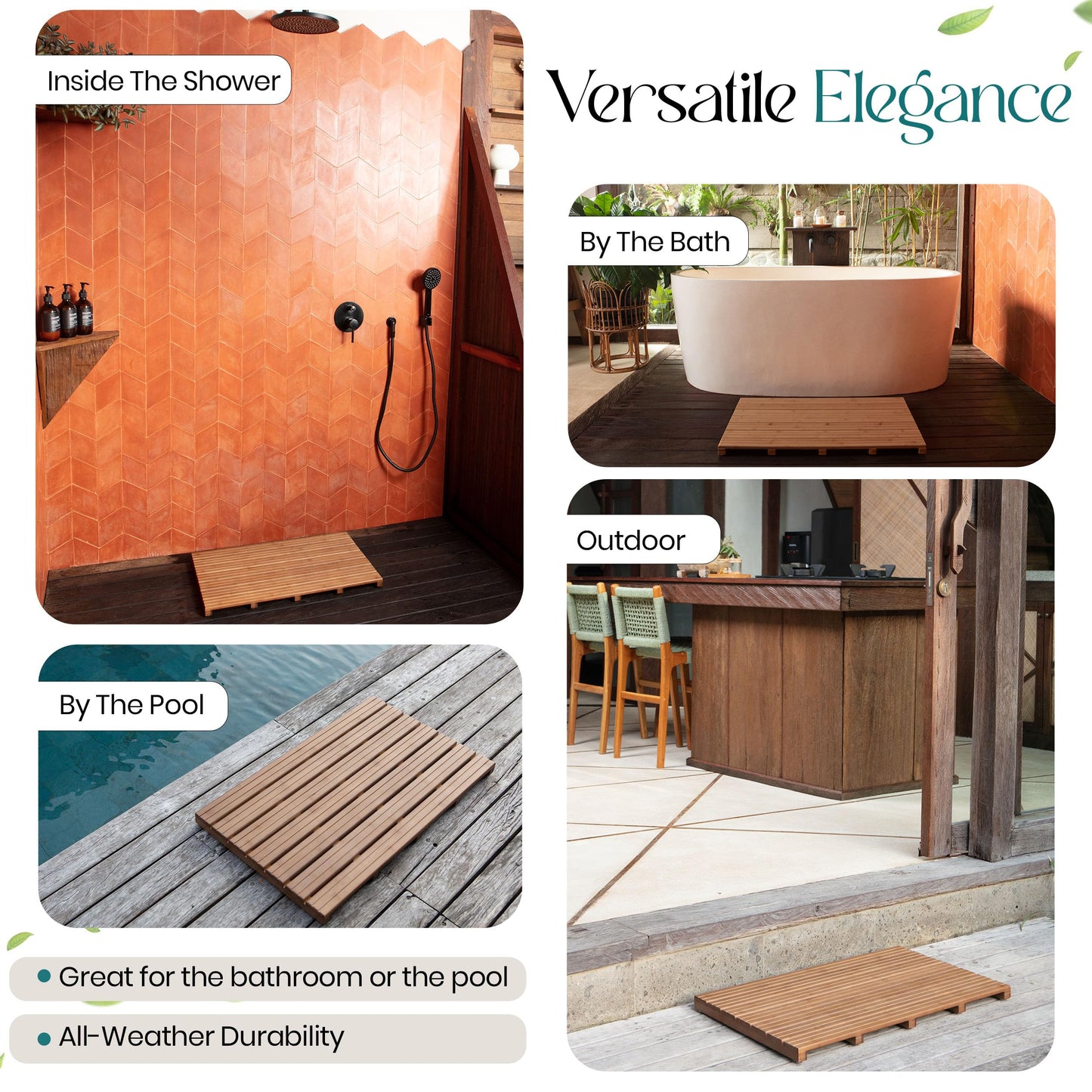 Large Walnut Bamboo Bath Mat – Non-Slip Design Sauna Floor Mat, Secure Grip Pads, Water-Resistant Coating, Durable for Indoor/Outdoor Use, Bamboo Decor