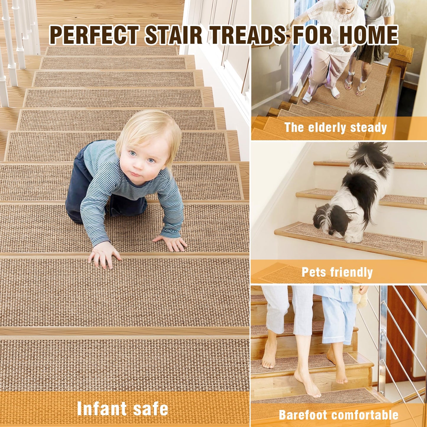 Deerly Linen Stair Treads Non Slip 15pcs Stair Runner for Wooden Steps Peel and Stick Carpet Treads Indoor Staircase Covers Mat with Self-Adhesive Backing for Pets and Kids 8"X30" Beige