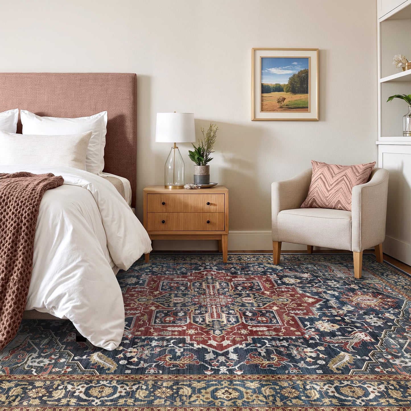 Rugland 8x10 Area Rugs - Stain Resistant Washable Rug, Anti Slip Rugs for Living Room, Vintage Tribal Area Rugs(Medallion 01-Rust/Blue, 8'x10')