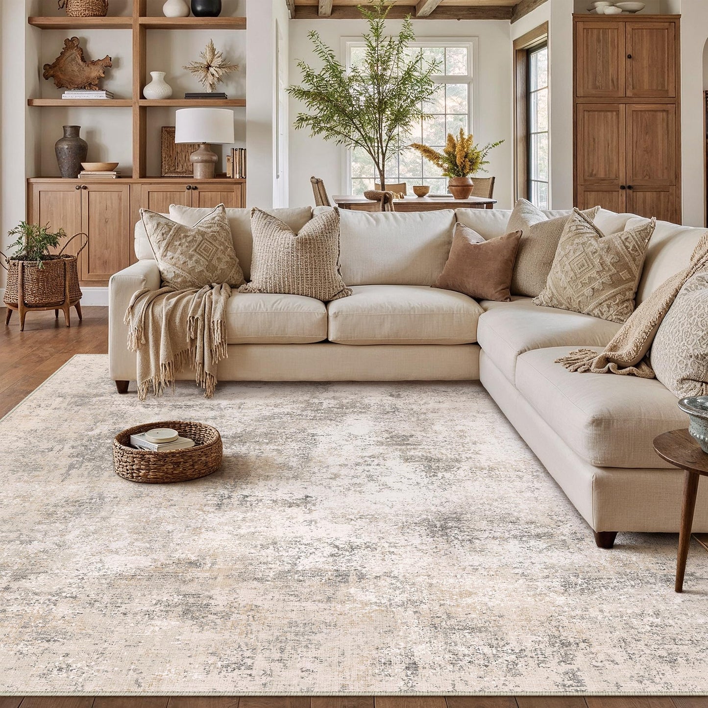 HUGEAR 8x10 Area Rug Beige Machine Washable Rugs Abstract Indoor Rug Modern Low Pile Carpet Distressed Throw Rug for Bedroom Living Office Dining Laundry Non Slip