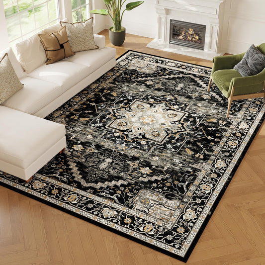 ARKIIKI 5x7 Washable Area Rug for Living Room, Non-Slip Soft Boho Vintage Medallion Carpet, Low Pile Distressed Rugs for Bedroom, Dining Room, Home Office, Dorm, Indoor Decor, Black Gold