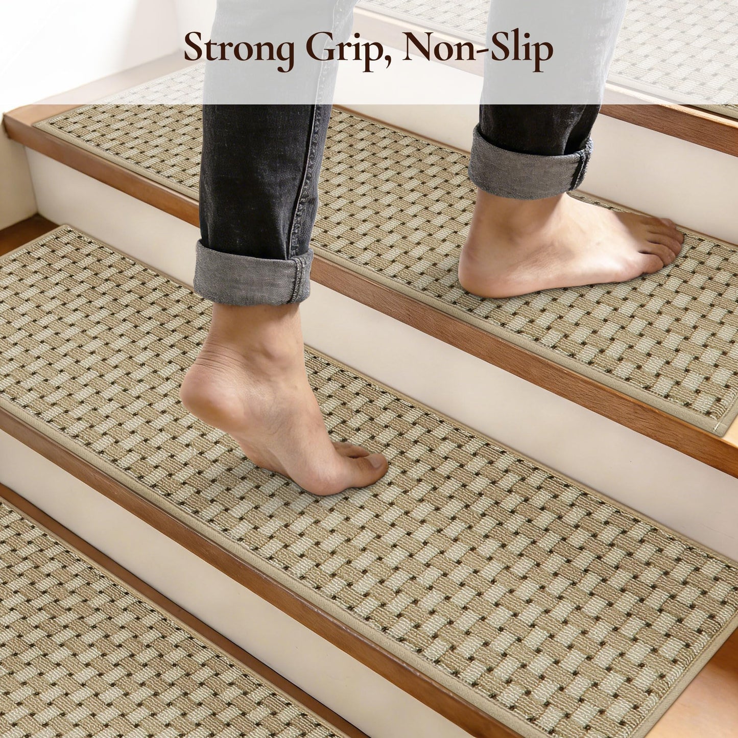 FLOORHUG Stair Treads for Wooden Steps Non-Slip Machine Washable Carpet Stair Treads 8"X30" Soft Indoor Stair Rug Runner for Kids Elders and Pets, 100% Polyester, TPE Backing, 15pcs, Beige/White