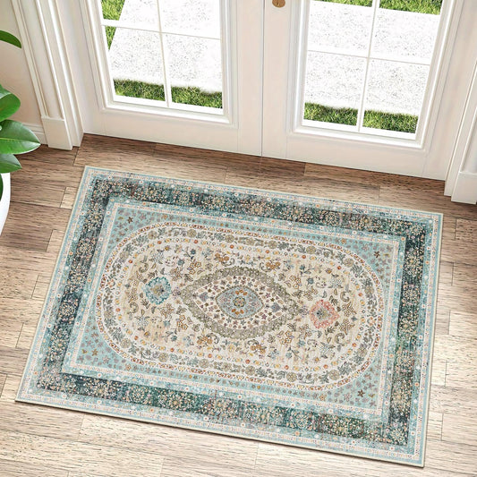 Castage Small Rugs 2x3,Blue Rug for Entryway Bathroom Bedroom Kitchen Entrance Doormat,Boho Vintage Bohemian Distressed Washable Oriental Accent Floor Throw Carpet Non Slip, Floral