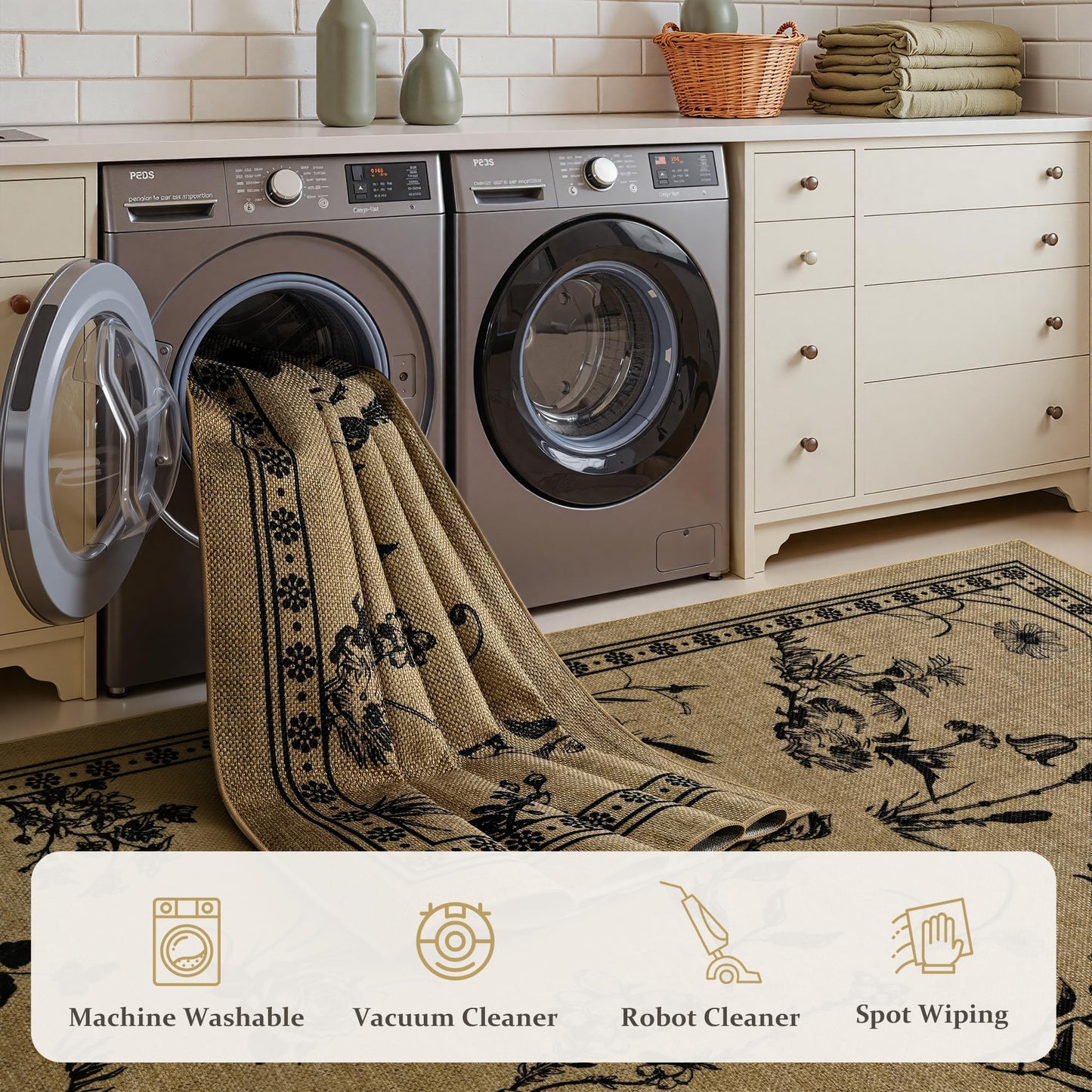 FALARK Easy Jute 4x6 Outdoor Patio Rug, Washable Rugs for Entryway Indoor Living Room Carpet, Farmhouse Neutral Non Slip Thin Beige Botanical Sketch Door Carpet for Backyard Bedroom Kitchen