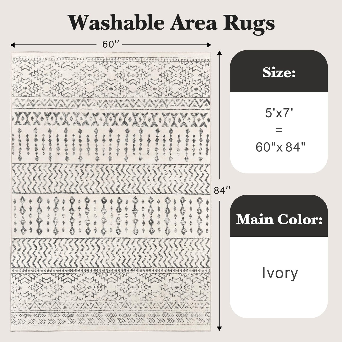 Art&Tuft Area Rug 5x7, Super Soft Ultra-Thin Moroccan Washable Rugs 5x7, Anti-Slip Backing Rugs for Living Room, Foldable Geometric Machine Washable Area Rug(5'x7', Ivory)