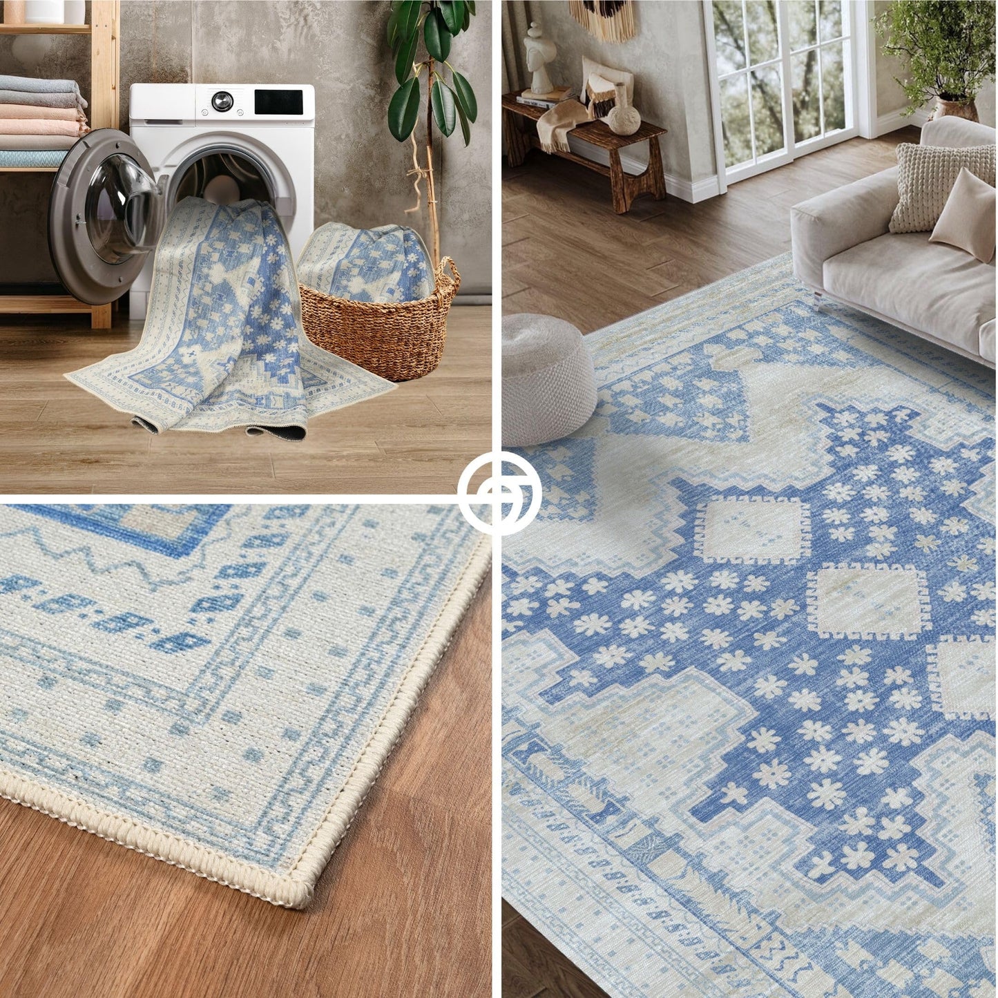 GIONARA Gray Blue Oushak Area Rug 6x9 - Modern, Machine Washable Vintage Turkish Boho Carpet Low Pile Non Slip Large Area Rugs for Living Room, Dining Bedroom, Kids Playroom, Farmhouse