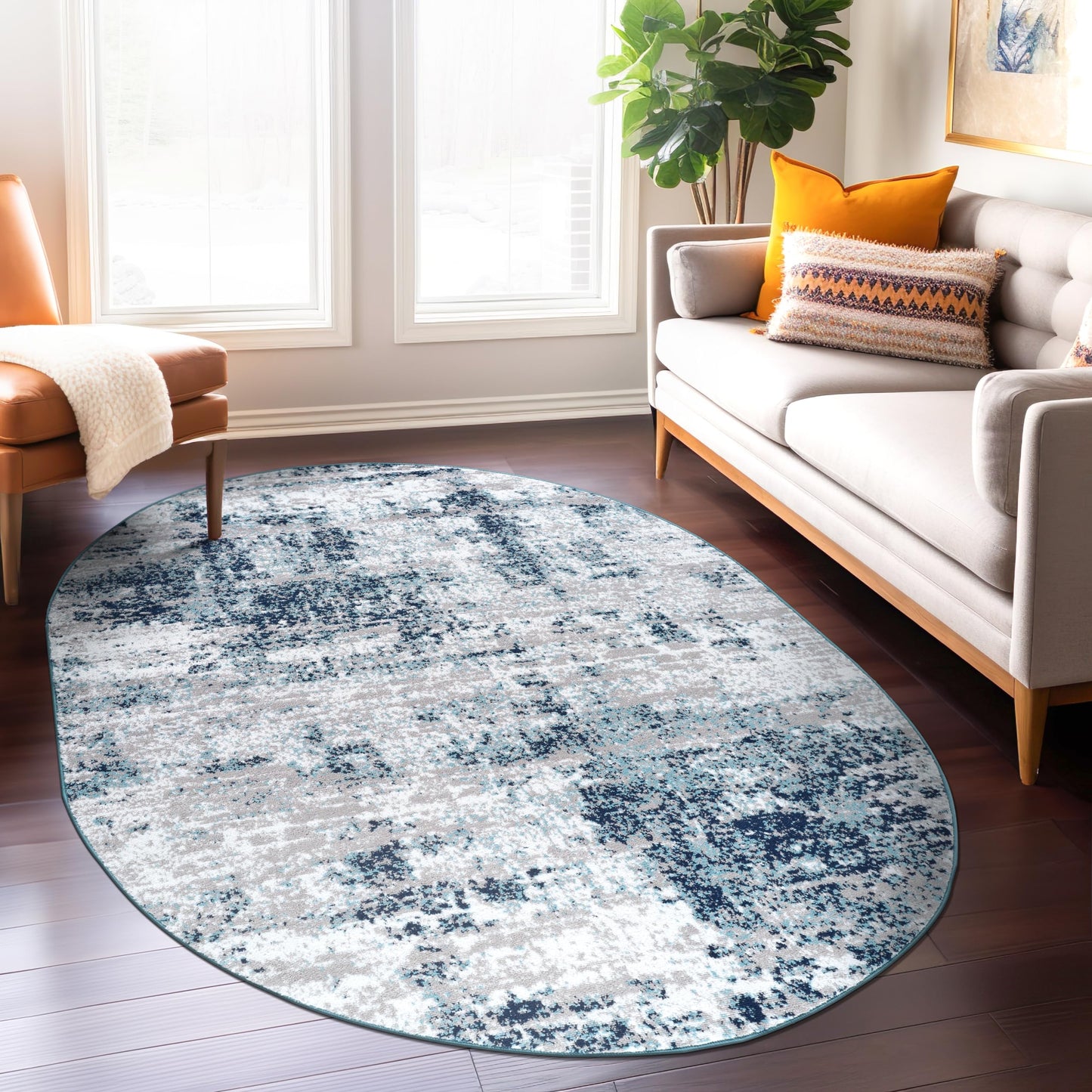 Rugshop Modern Distressed Blue Abstract Oval Area Rug Bohemian Inspired for Dining Room, Living Room and Bedroom 5' x 7' Oval